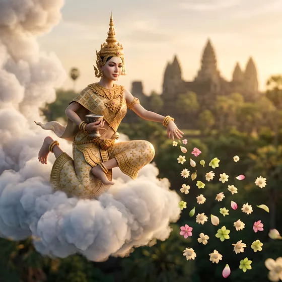 Cambodian Apsara Goddess Scattering Flowers Over Angkor Wat