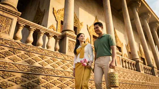 Cambodian Couple in Traditional Attire at Temple