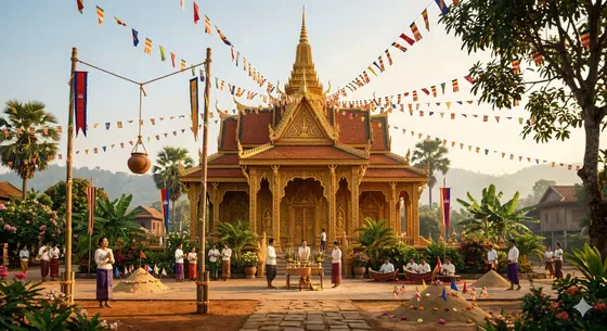 Traditional Khmer New Year celebration at a temple