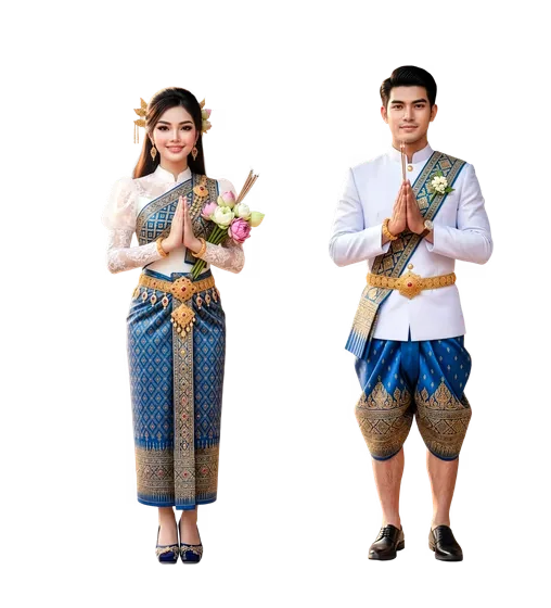 Cambodian Couple in Traditional Khmer Ceremony Attire