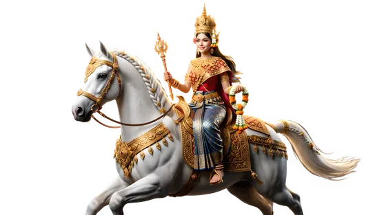 Traditional Cambodian goddess riding an ornate white horse