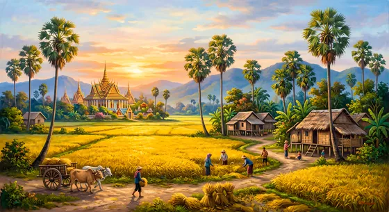 Traditional Cambodian farmers harvesting rice in golden fields