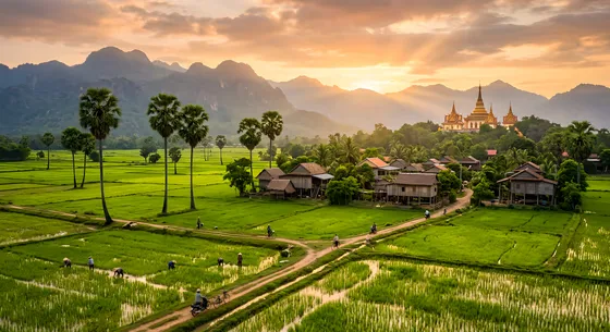 Traditional Cambodian Village and Rice Paddy Sunset