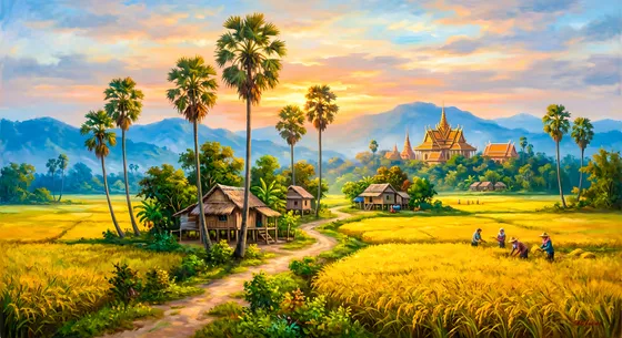 Traditional Khmer village and golden rice fields