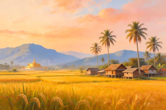 Golden Rice Fields and Traditional Khmer Village Sunset