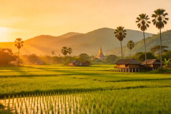 Golden Sunset Over Cambodian Rice Field Landscape