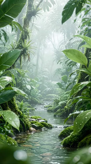 Serene Stream Flowing Through Lush Misty Cambodian Jungle
