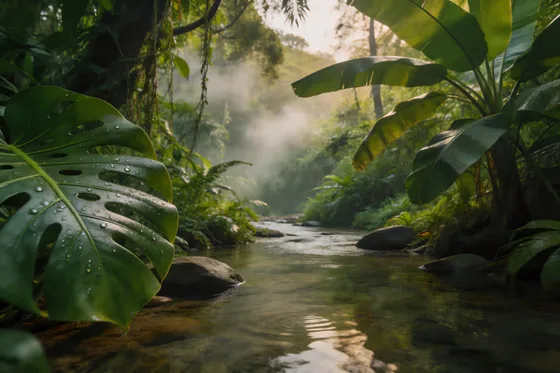 Serene Morning Mist Over Tropical Jungle Stream