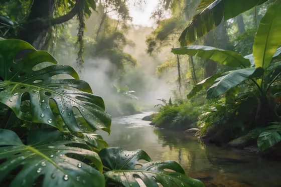 Misty Tropical Jungle Stream in Cambodia Rainforest