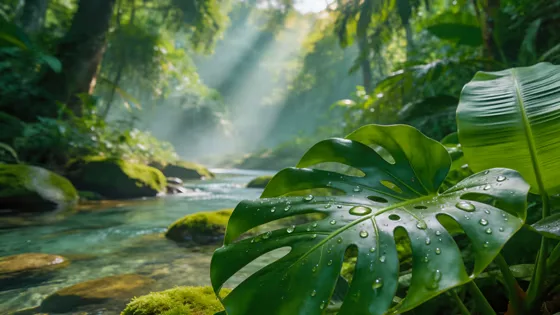 Sunlit Tropical River in Pristine Cambodian Jungle