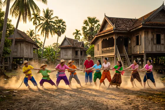 Cambodian villagers playing traditional tug of war