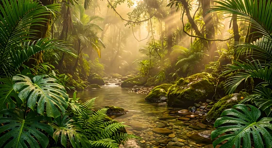 Sunbeams illuminating a lush Cambodian tropical rainforest