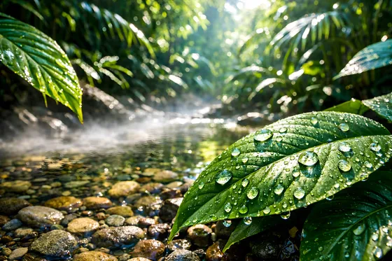 Dewy Green Leaf by Misty Jungle Stream