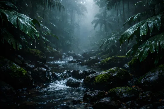 Misty River Flowing Through Lush Cambodian Jungle