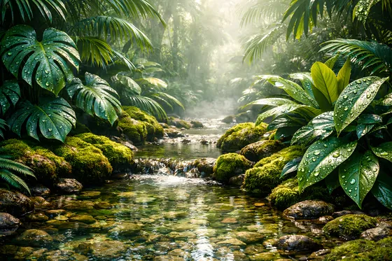 Lush Tropical Rainforest Stream in Sunlit Cambodian Jungle