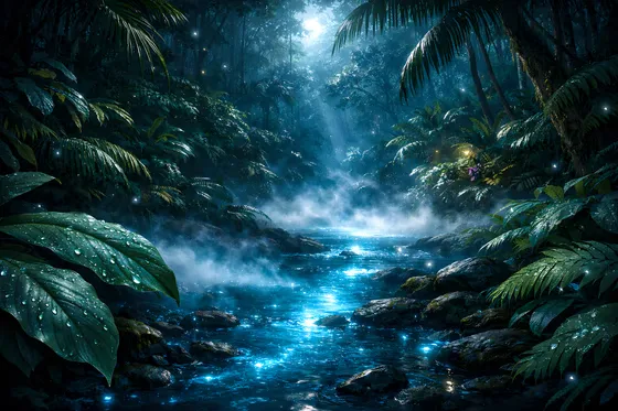 Mystical Glowing River Through Dense Cambodian Rainforest