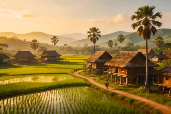 Small Village With Small Pond And Palm Trees