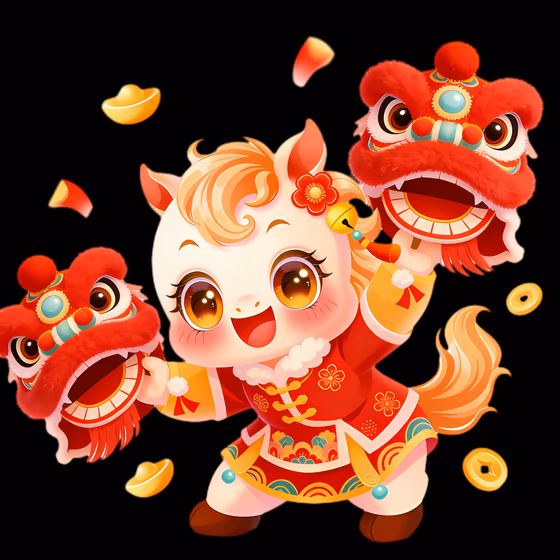 Cute Cartoon Character with Lion Dance Heads for Chinese New Year Celebration