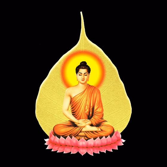 Serene Buddha meditating peacefully in traditional orange robes on a pink lotus flower with a golden Bodhi leaf and radiant halo.
