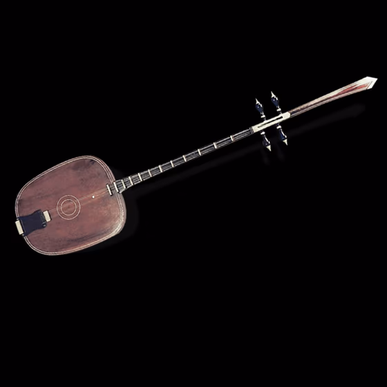 Classic traditional wooden stringed musical instrument, a detailed cultural lute with long neck, isolated on white background, representing ancient music.