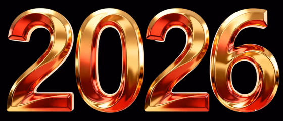 Golden and Red Metallic 2026 Numbers on White Background