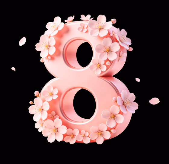 Elegant soft pink metallic 3D number eight adorned with delicate cherry blossoms and falling petals, creating a festive spring celebration.
