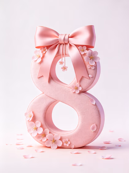 Elegant textured pink number eight with delicate cherry blossoms and a satin ribbon bow, isolated on a soft pastel background for women's day.