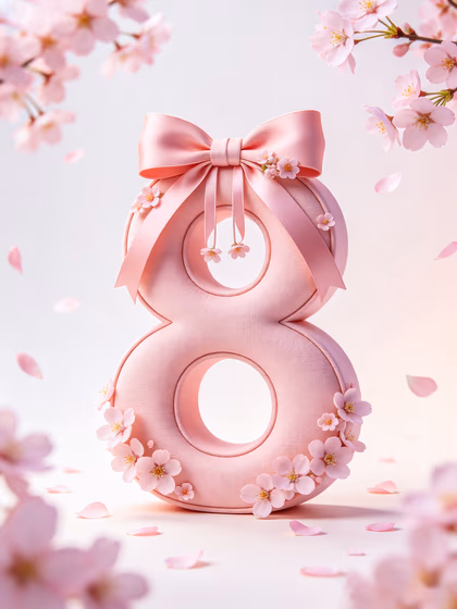 Elegant pink number eight adorned with delicate cherry blossoms and satin bow on soft pastel background, celebrating International Women's Day.