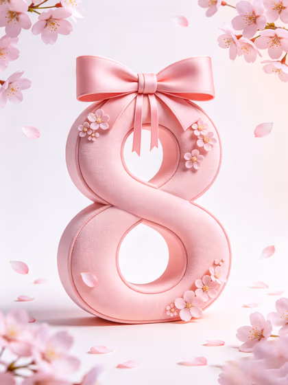 Delicate pink fabric number eight adorned with satin bow and cherry blossoms, celebrating International Women's Day in a bright spring setting.
