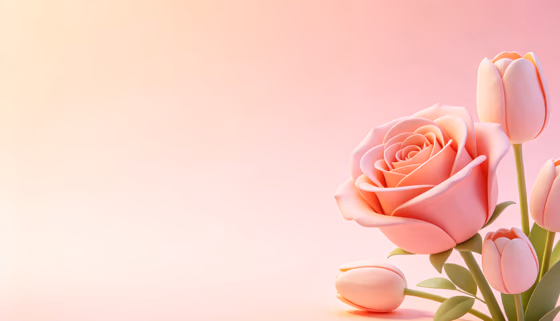Delicate 3D rendered pink rose and soft blooming tulip flowers on a pastel gradient background