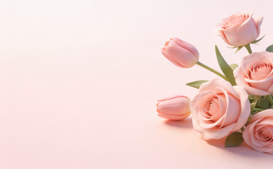 Soft pastel pink roses and delicate tulips arranged as a floral border on a clean background
