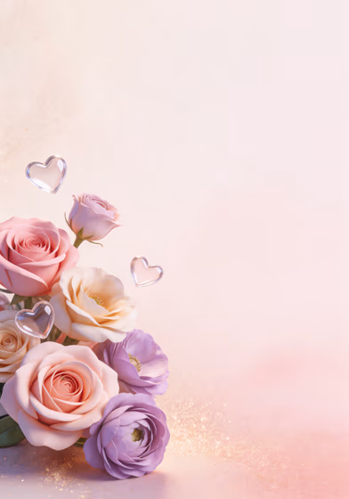 Romantic pastel pink and purple rose bouquet with delicate floating glass hearts