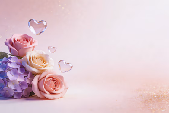 Elegant pink and cream roses with purple