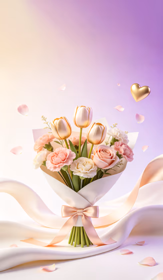 Romantic Floral Bouquet Golden Accents Petals