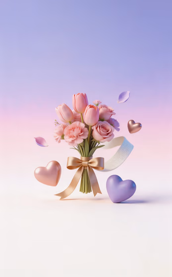 Romantic Bouquet Pink Flowers Hearts Love